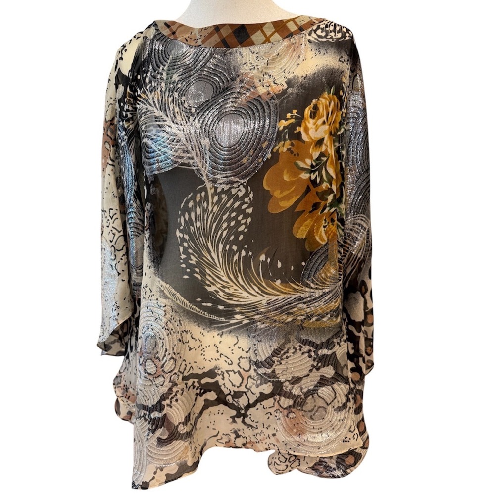Chico's Silk Metallic Mixed Print Poncho Top Floral Leopard Silver M/L